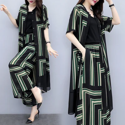 

Women's Two Piece Sets 2019 Summer New Casual Long Chiffon Cardigan + Wide Leg Pants Set Trouser Outfit Tracksuit Plus Size 3XL