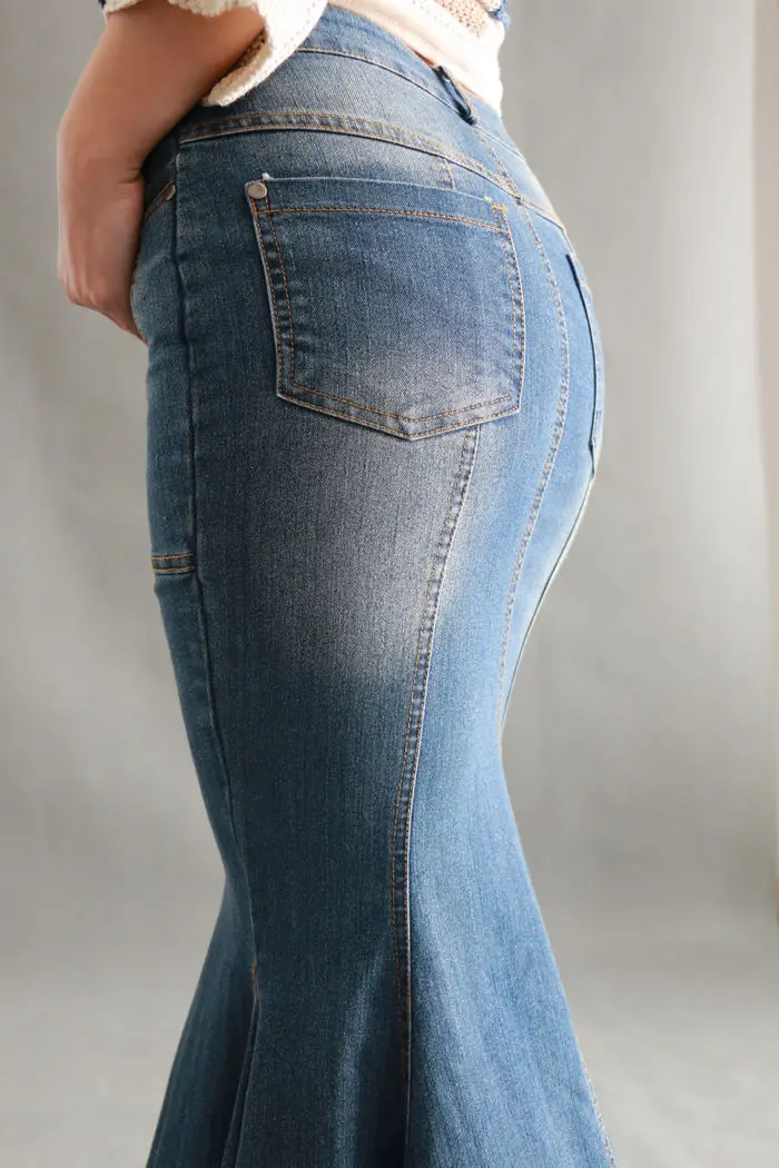Большая рыбий хвост джинсовая юбка для женщин Длинная юбка в пол Лоскутная Русалка труба имперский Высокая талия джинсы стрейч J92792