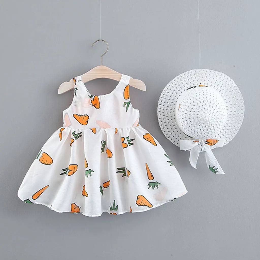 

Summer New Fashion Toddler Baby Girls Fruit Carrots Print Bow Princess Dress Casual Clothes Hat HOOLER
