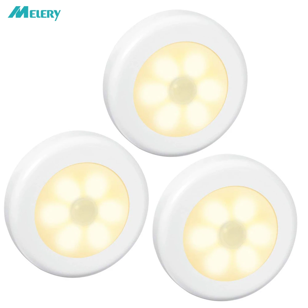 

Night light 6 LED Motion Sensor Light Auto On/Off Led Lighting Sensor Battery Operated Cupboard Cabinet Lights Warm White-3PACK