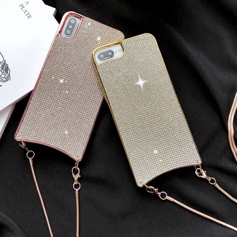 

Metal Chain Phone Case For iPhone Xs Max 7 8Plus Luxury Bling Glitter Diamond Soft TPU Back Cover For iPhone 6 6s Plus X Xr Rope