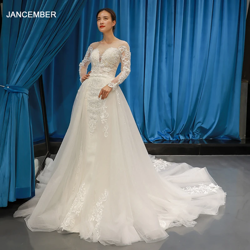 

J66624A jancember wedding dresses long sleeve A-line lace up back appliques floor length with train princess bridal dresses 2019