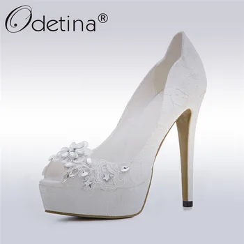 

Odetina 2017 Brand Peep Toe White Wedding Shoes With Rhinestones Platform Bridesmaid Shoes Crystal Pumps High Heels Big Size 43