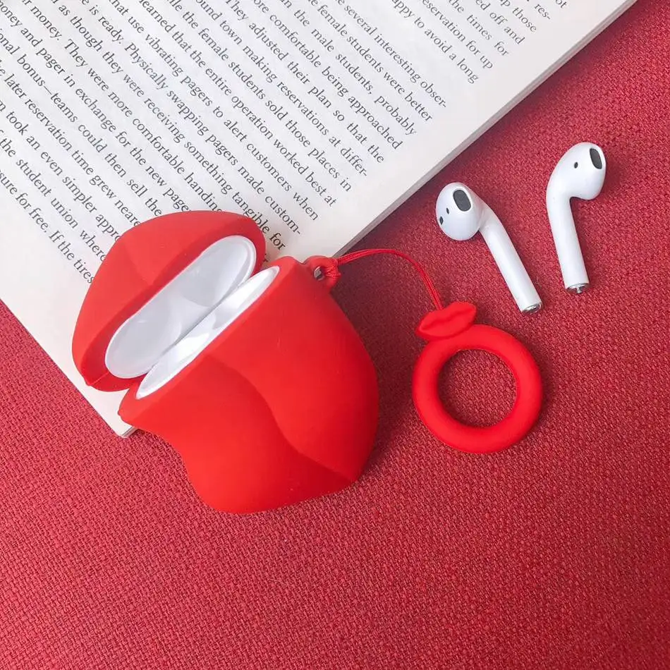 

For AirPods Case Fashionable Sexy Red Lips Earphone Case For Apple Airpods 2 Silicone Protect Cover with Finger Ring Strap