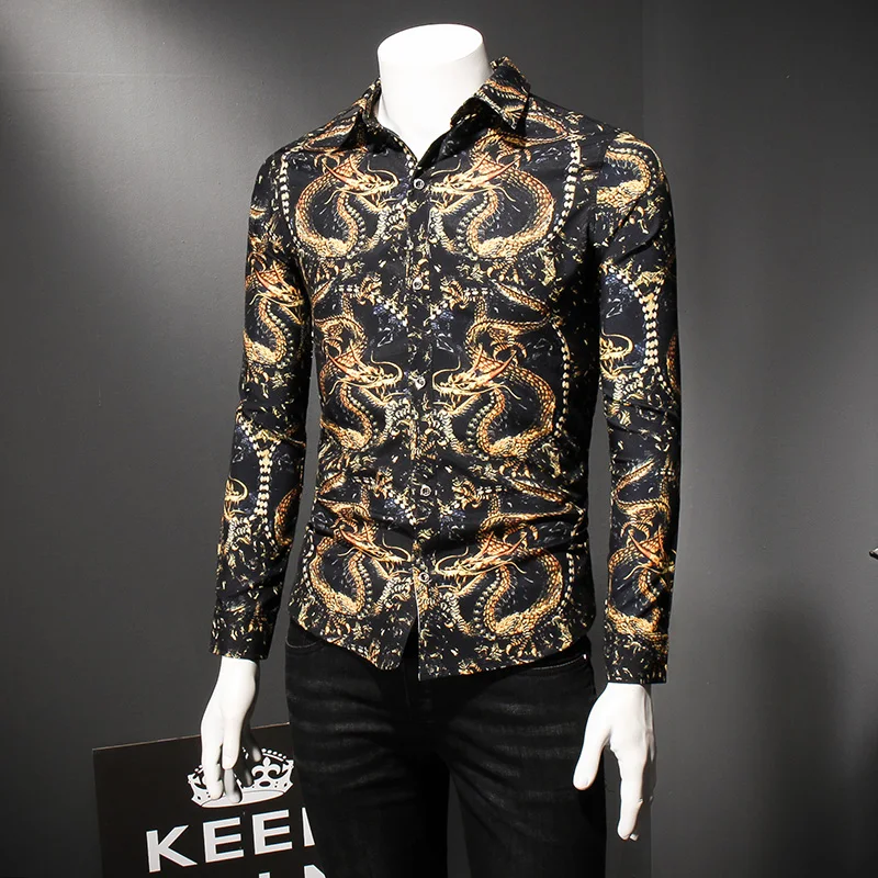 Очень хорошее качество большой Размеры Для мужчин рубашки 2019 Новая мода дракон дизайн рубашка с длинным рукавом Slim Fit коричневый Костюмы
