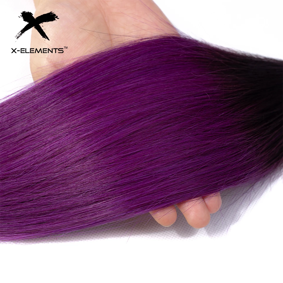 X-Elements Ombre Peruvian Straight Hair Bundles With Closure 3 Pcs with Closure T1B Purple Ombre Human Hair Weave With Closure  (11)