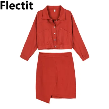 

Flectit Red Women Two Piece Suit Matching Set Long Sleeve Moto Denim Jacket Top and Asymmetric Short Skirt Set conjunto feminino