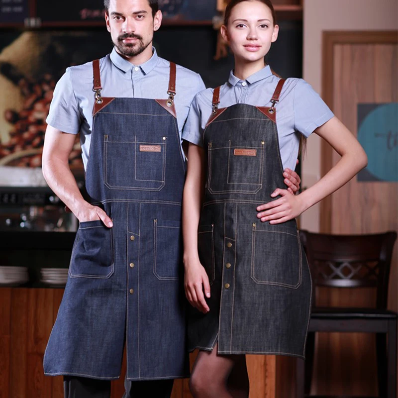 

CHECKEDOUT Restaurant Hotel Uniform Denim Leather Bib Apron