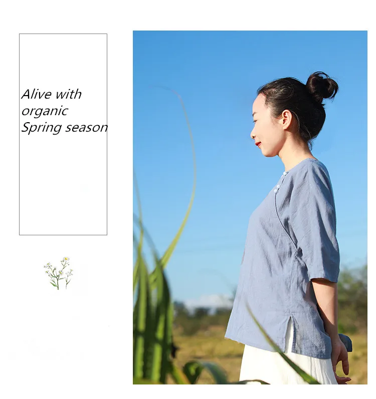 LZJN  Women Shirts Chinese Style 2019 Summer New Casual Blouses Beaded Half Sleeve Loose Cotton Linen Tops (3)