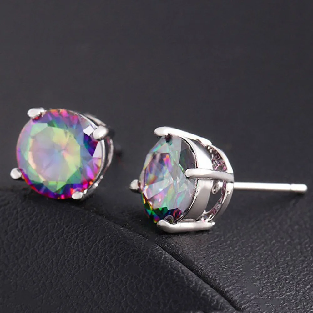 

New 1Pair Mystic Rainbow/White Zircon Silver Stud Earrings Wedding Colorful Earrings For Women Jewelry Gift