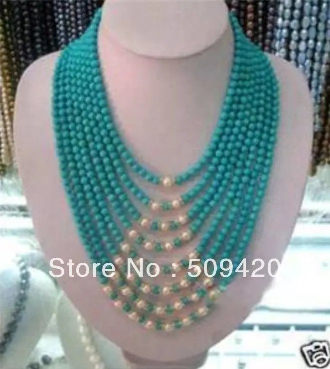 

Free Shipping WholesaleBeautiful 8row6mm turquoise white pearl necklace 17-22