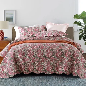 

CHAUSUB Quality Cotton Quilt Set 3PCS Floral Printed Quilts Quilted Bedspread Bed Cover Pillowcase King Queen Size Coverlets