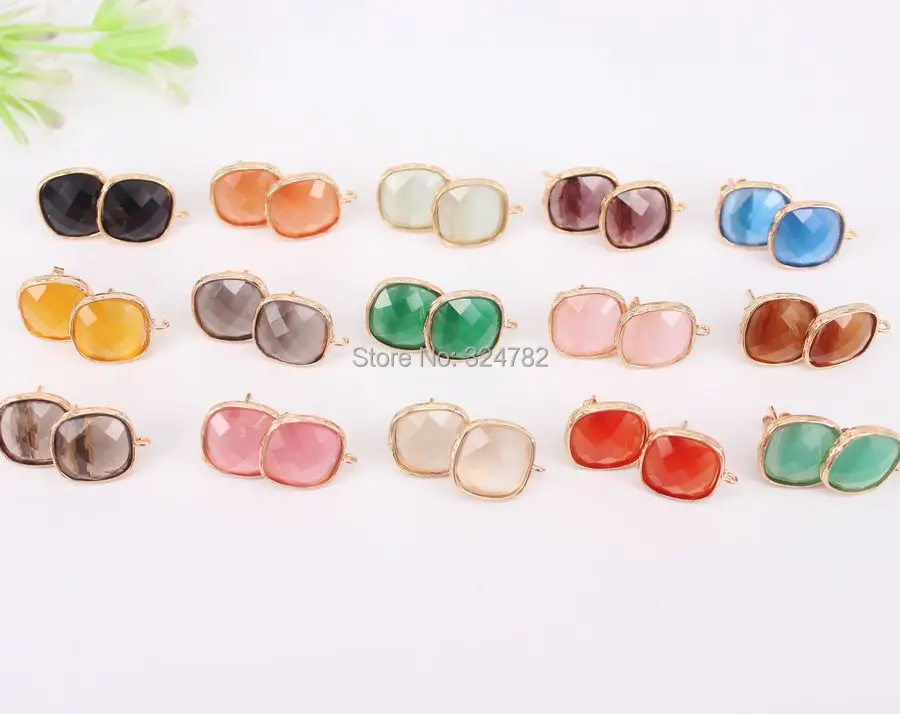 

10Pairs 14mm Square Shape Crystal Glass Stud Earring,Crystal Glass Post Earring Findings with Loop Supplies
