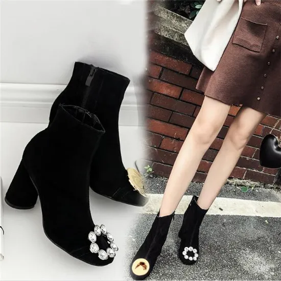 Ins Hot Fashion Women Boots Retro Copper Rhinestone Buckle Ankle Boots Autumn Winter Boots Martin Boots Shoes Woman Botas Mujer (13)