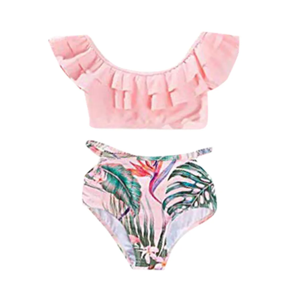 Child Mommy＆Me Family Matching Clothes Child Girl Bathing Bikini Leaf Print Pink Flounce Swimwear Two Pieces Swimsuit Set Summer