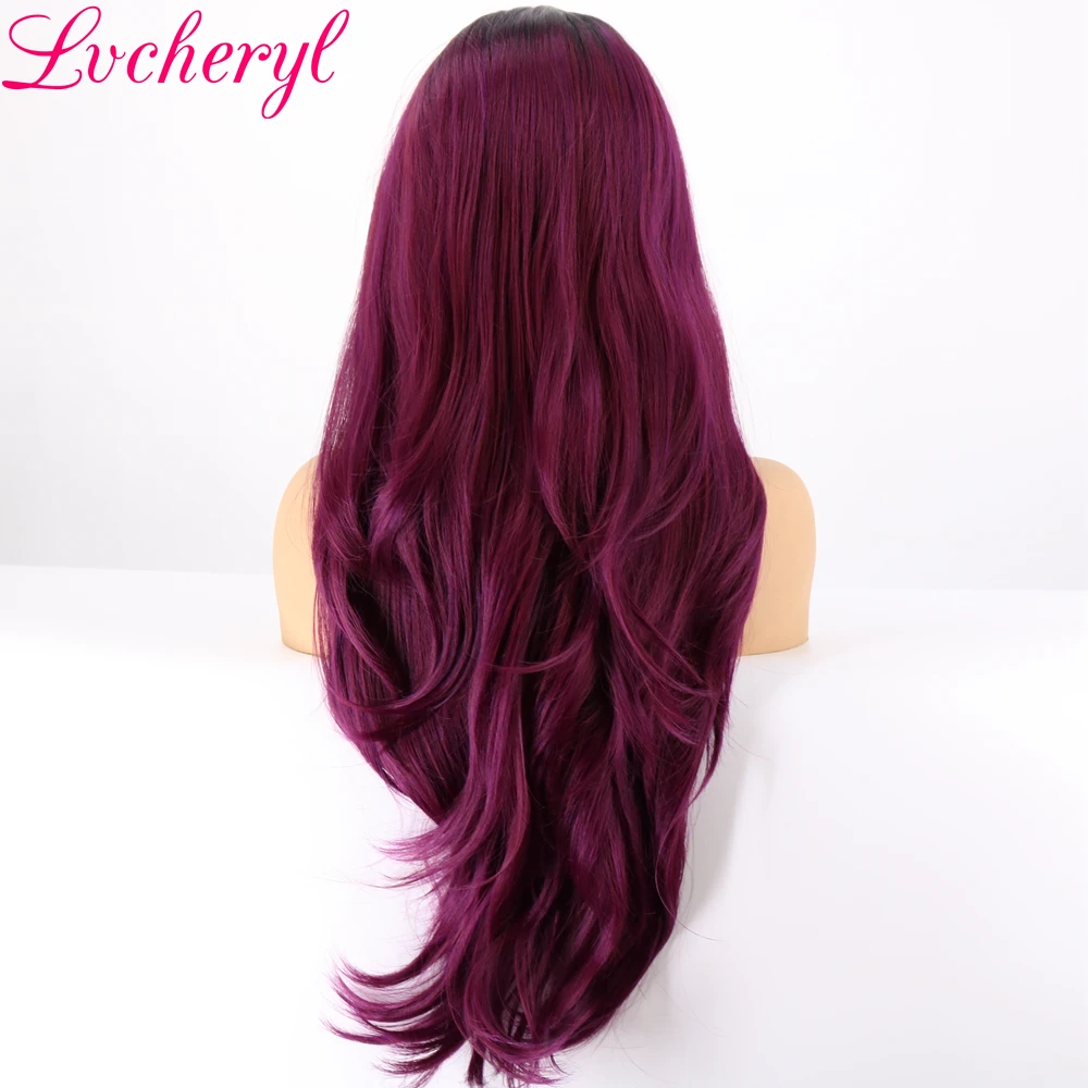 Lvcheryl Natural Long Ombre Black To Mixed Purple Hair High Density Heat Resistant Glueless Synthetic Lace Front Wigs