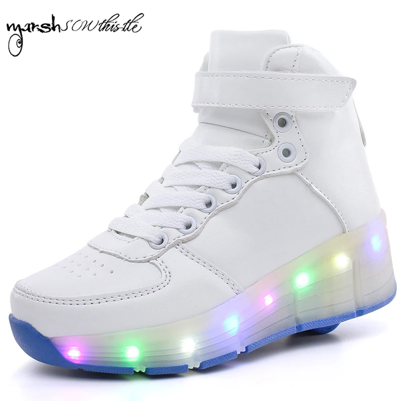 

wheels shoes roller shates shoes glowing sneaker kid boy girl automatic pulley LED Flashing light up luminous shoes High-top