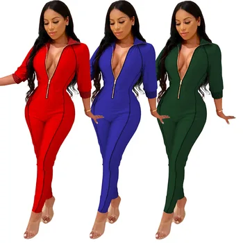 

New hot autumn and winter fashion personality sports pants Slim fitness trousers casual zipper sexy solid color female jumpsuit