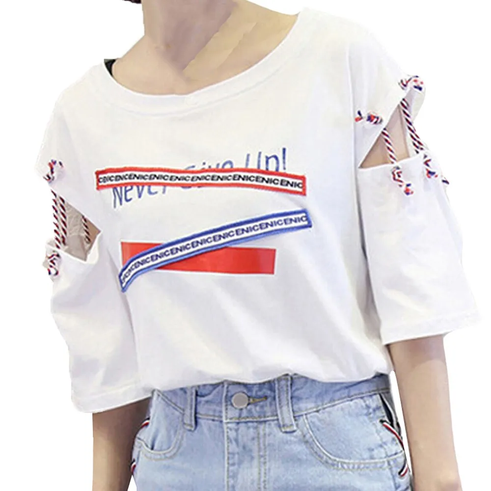 

Fashion Women Clothes Round Neck Half Sleeve Causual Letter Print Bandage Korean Style T-shirt Summer Women Girl Daily