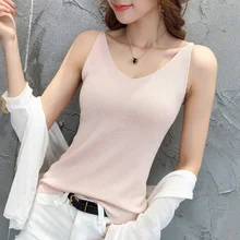 Шелк льда вязанный шерстяной жилет женский Летняя одежда внутри Слинг v шеи ремонт рубашка джемпер без рукавов