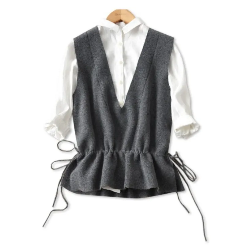

women Cashmere vest waistcoat jacket women sweater loose vest pullover big yards Deep V-neck wool vest lacing female hedging