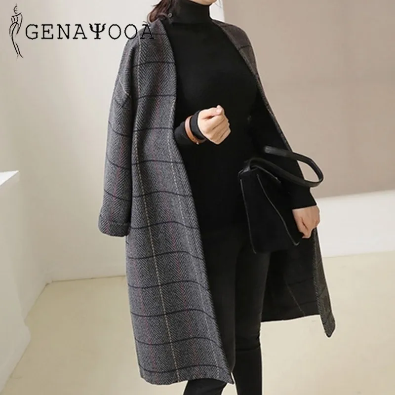 

Genayooa Plus Size Wool Coat Women Outwear Size Casual High Quality Winter Coat Women Long Sleeve Plaid Woolen Coat Women