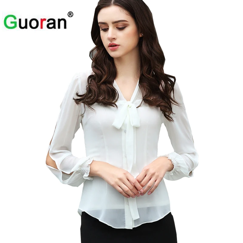 {Guoran } Bow Knot Womens White Chiffon Blouses 2017