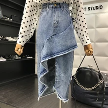Весеннее Новое поступление, Женская индивидуальная винтажная однотонная джинсовая юбка с высокой талией и оборками, Асимметричная Длина, повседневные юбки-карандаш