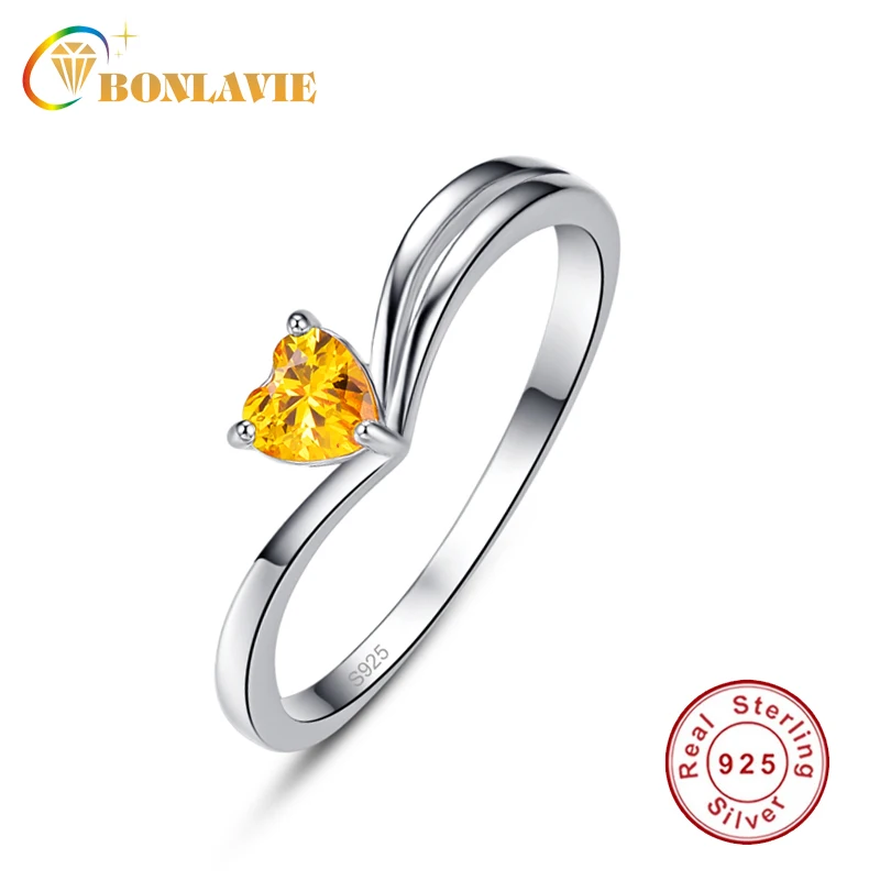 BONLAVIE Simple 925 Sterling Silver Rings for Women Yellow Crystal Forever Love Heart Finger Ring Original Jewelry Gift