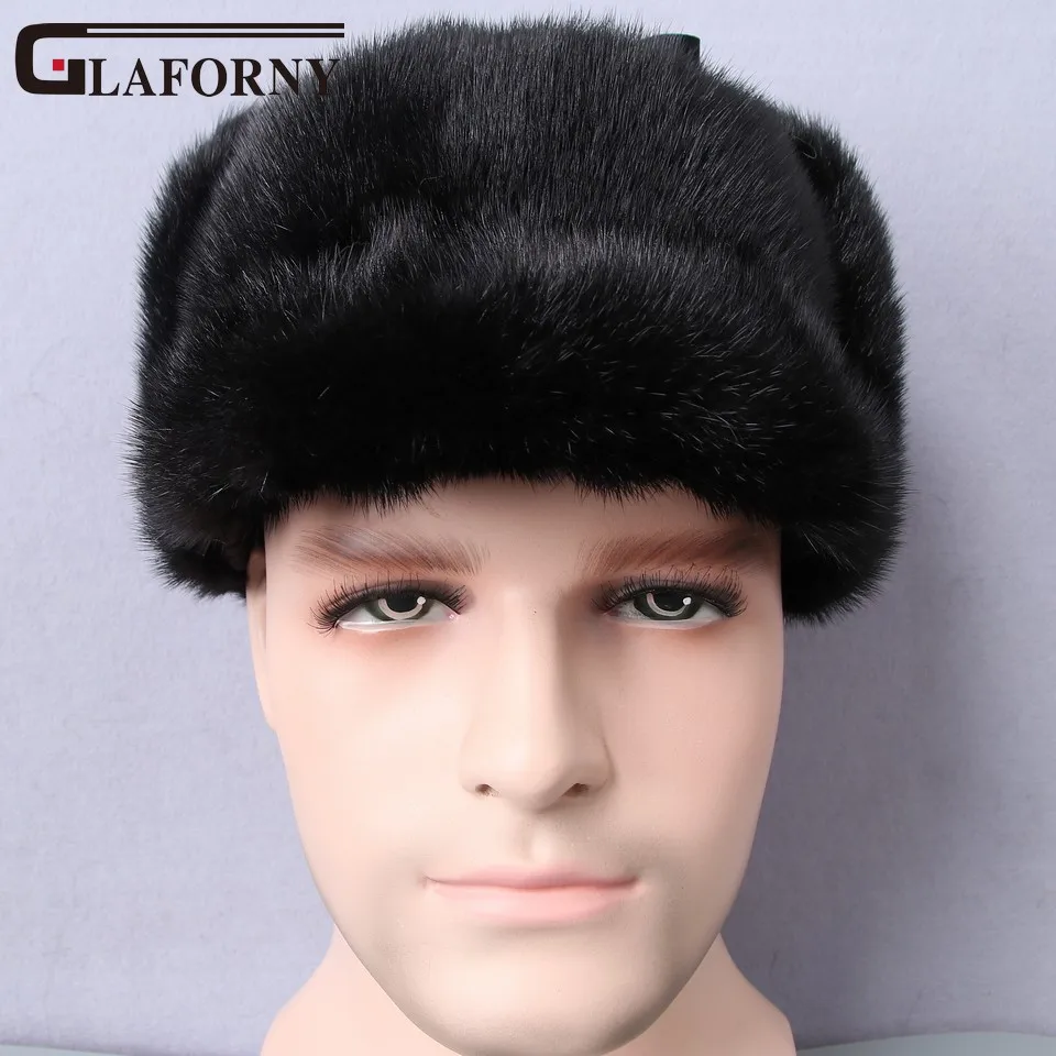 Glaforny полностью натуральная норковая меховая шапка натуральный мех мужские шапки с Ленточные топики повседневные кепки с козырьком для российских мужчин - Цвет: black