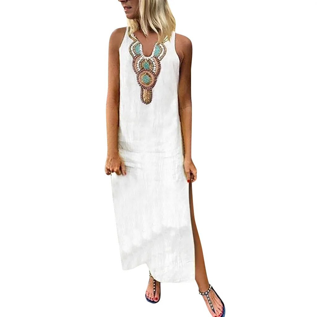 

2019 summer dresses sexy Women’s Printed Sleeveless V-neck Maxi Dress Split Hem Baggy Kaftan Long maxi Dress vestidos