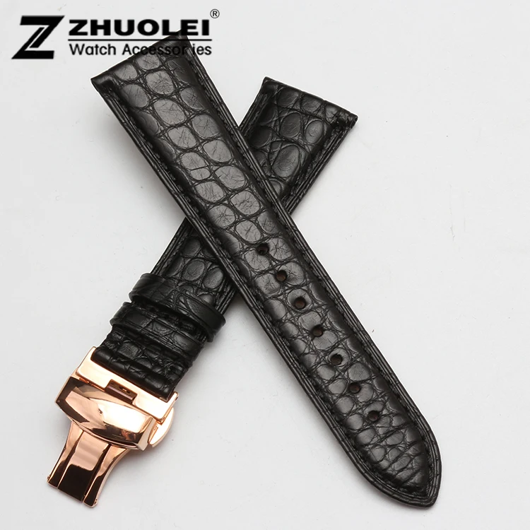 18mm 19mm 20mm 21mm 22mm Black Genuine Alligator Leather Watchband and Rose gold Butterfly Deployment Buckle for luxury watches watchband snake leather waterproof watches straps men fashion accessories bracelet 18mm 19mm 20mm 21mm for ar watchband
