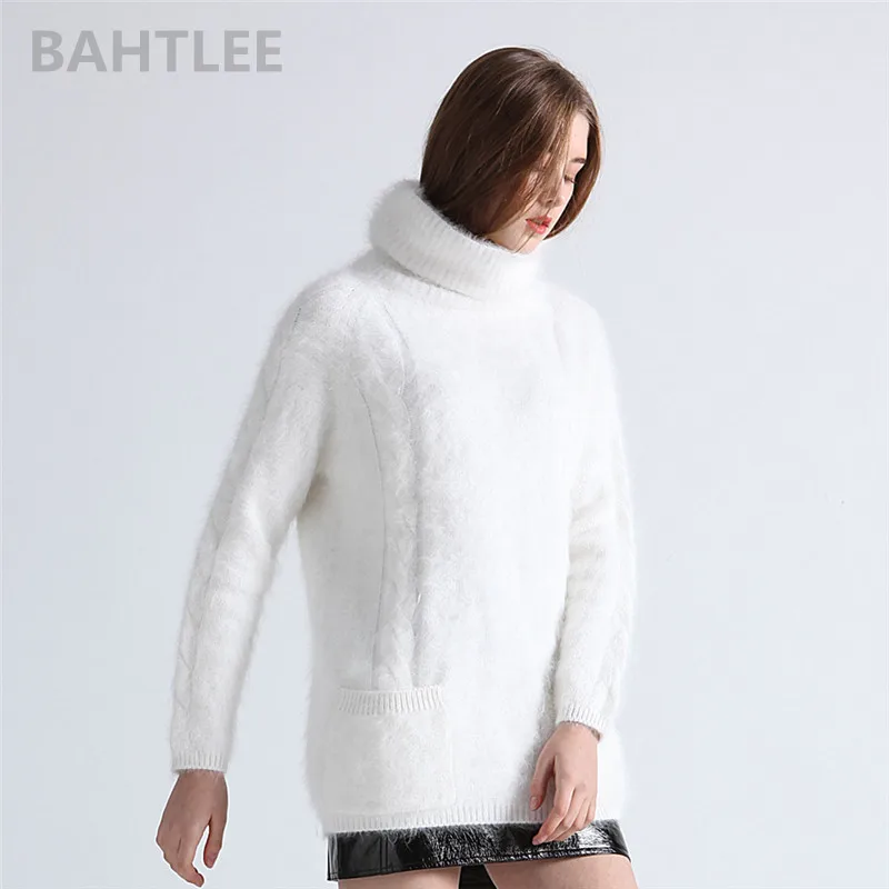 

BAHTLEE winter women angora pullovers Jumper sweater turtleneck mink cashmere knitting pockets Long sleeves keep warm loosefir