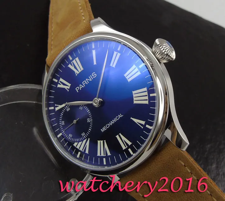 

New 44mm Parnis blue dial camel leather strap mineral crystal 6497 hand winding Movement Men's Wrist watch