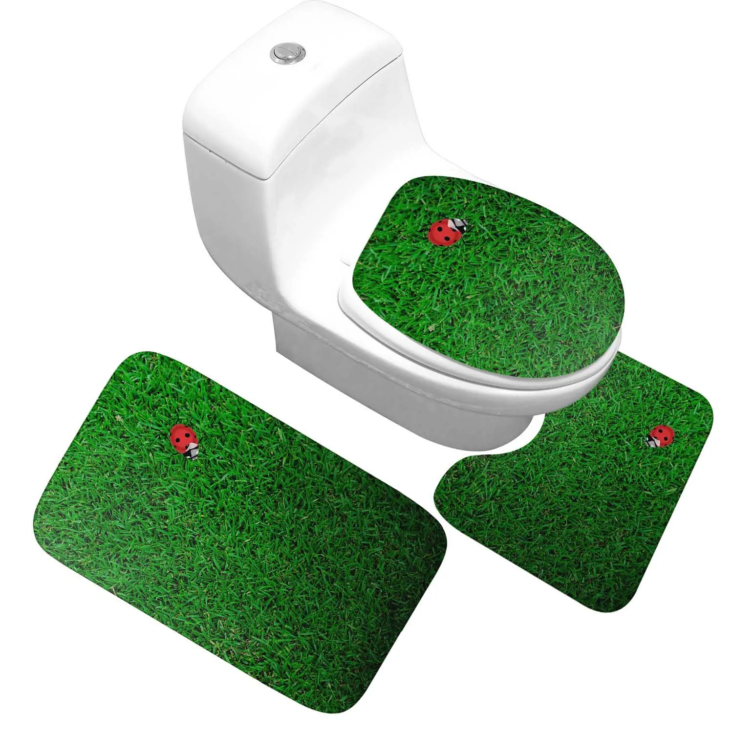 

Honlaker Green Grass Ladybug Pattern Bath Mat 3 Sets Washing Does Not Fade Bathroom Rug Toilet Cover Non-slip Bath Carpet