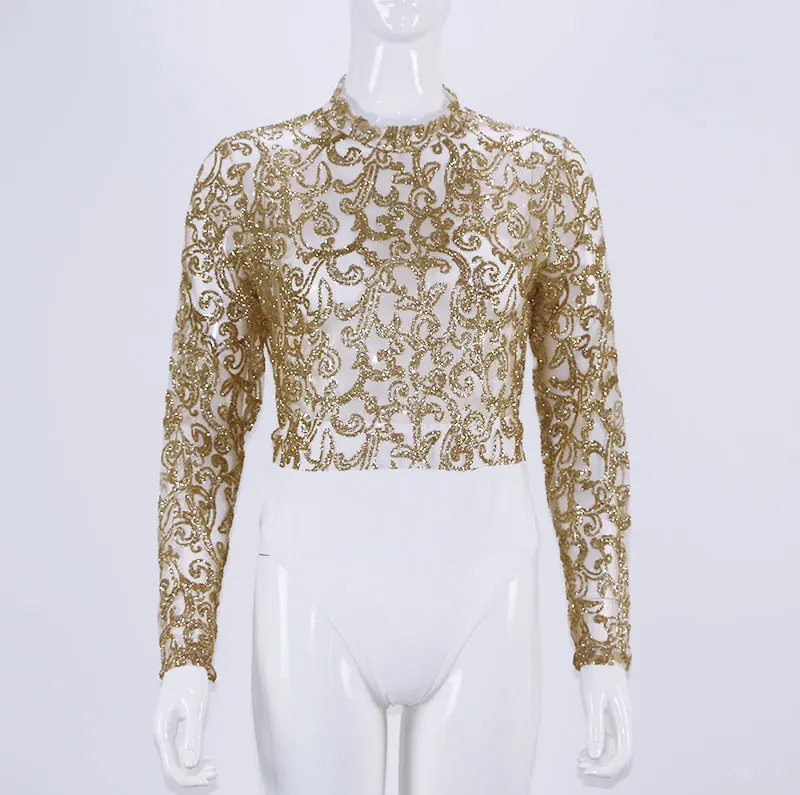 Sexy Gold Glitter Lace Bodysuit Women Summer Skinny O Neck Long Sleeve Bodycon Jumpsuits Romper Top Feminino Overalls Embroidery Sexy Gold Glitter Lace Bodysuit Women Summer Skinny O Neck Long Sleeve Bodycon Jumpsuits Romper Top Feminino Overalls Embroidery