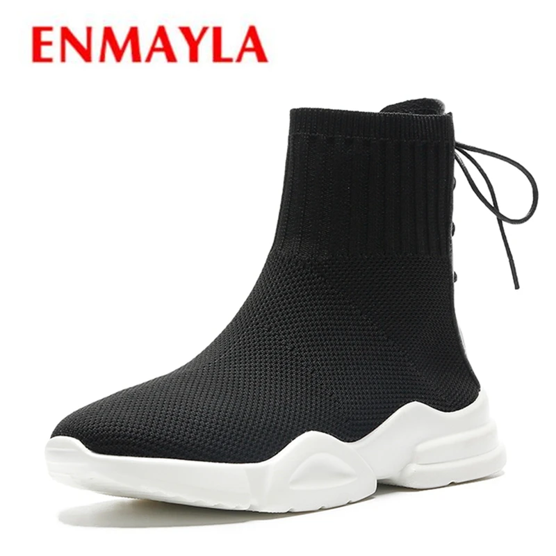 

ENMAYLA Women Ankle Boots Fashion Shoes Big Size 34-40 Casual Round Toe Winter Med Heels Knitting Boots Wedges Lace up CR1300