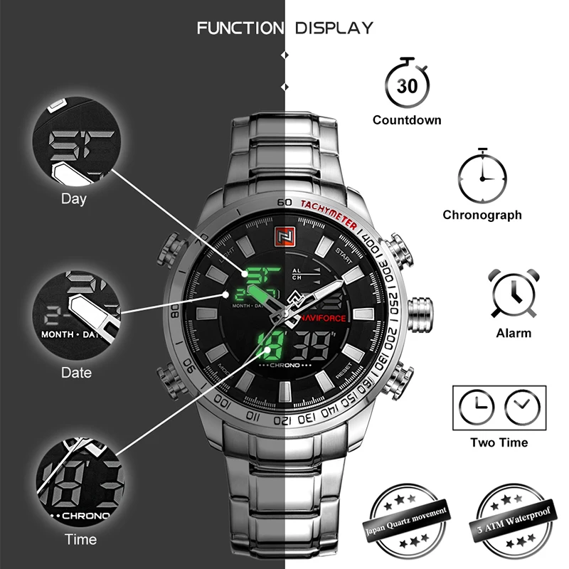 NAVIFORCE Top Brand Men Military Sport Watches Mens LED Analog Digital Watch Male Army Stainless Qu