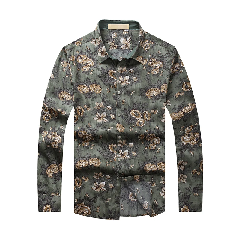 Новые модные с цветочным принтом рубашки с длинным рукавом Для мужчин camisa мужской тонкий цветок рубашки Винтаж льняную Повседневное Для мужчин рубашка