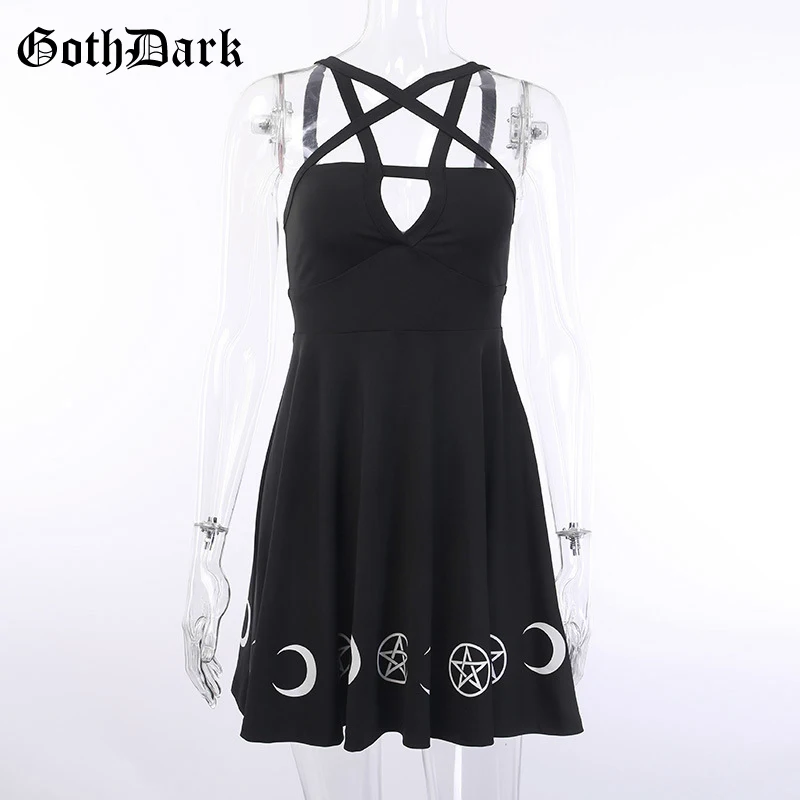 Женское винтажное платье Goth Dark, черное плиссированное платье в стиле готик-панк, с принтом в виде пентаграмм, летнее сексуальное платье в стиле Харадзюку