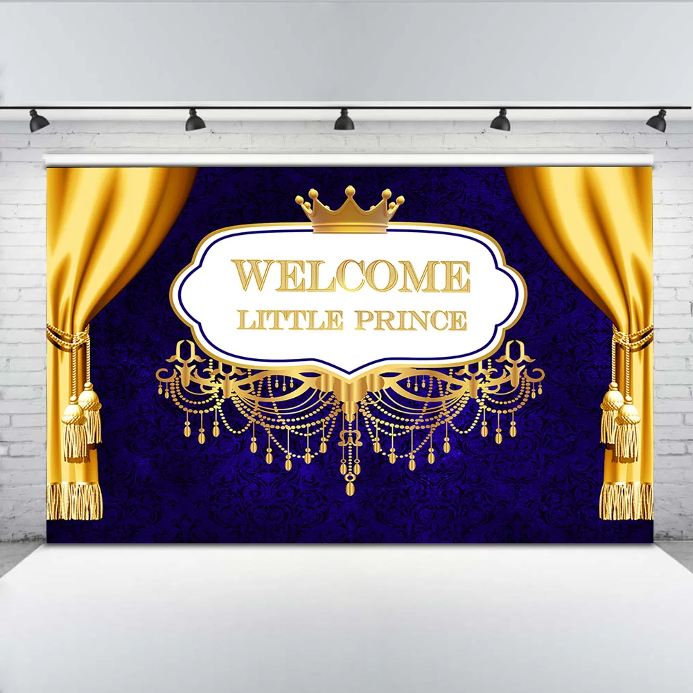 

Welcome Little Prince Photo Background Newborn Baby Shower Backdrop Royal Golden Crown Blue Damask Backgrounds for Shoot