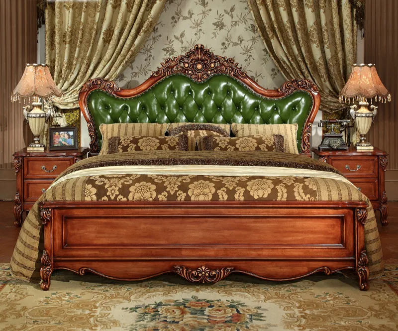 الأوروبية نمط خشب متين منحوتة غرفة نوم الأثاث ، العتيقة الصلبة أثاث غرف النوم الخشبية ، الأخضر/البني أثاث غرفة نوم