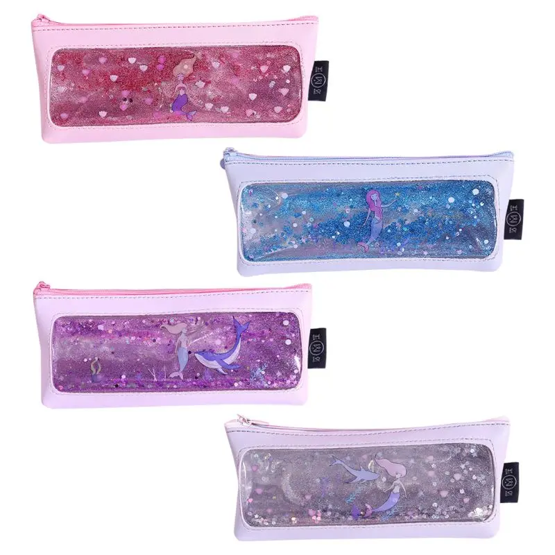 

Transparent Cartoon Quicksand Leather Pencil Case Travel Make Up Cosmetic Bag School Supplies Stationery Girls Gift