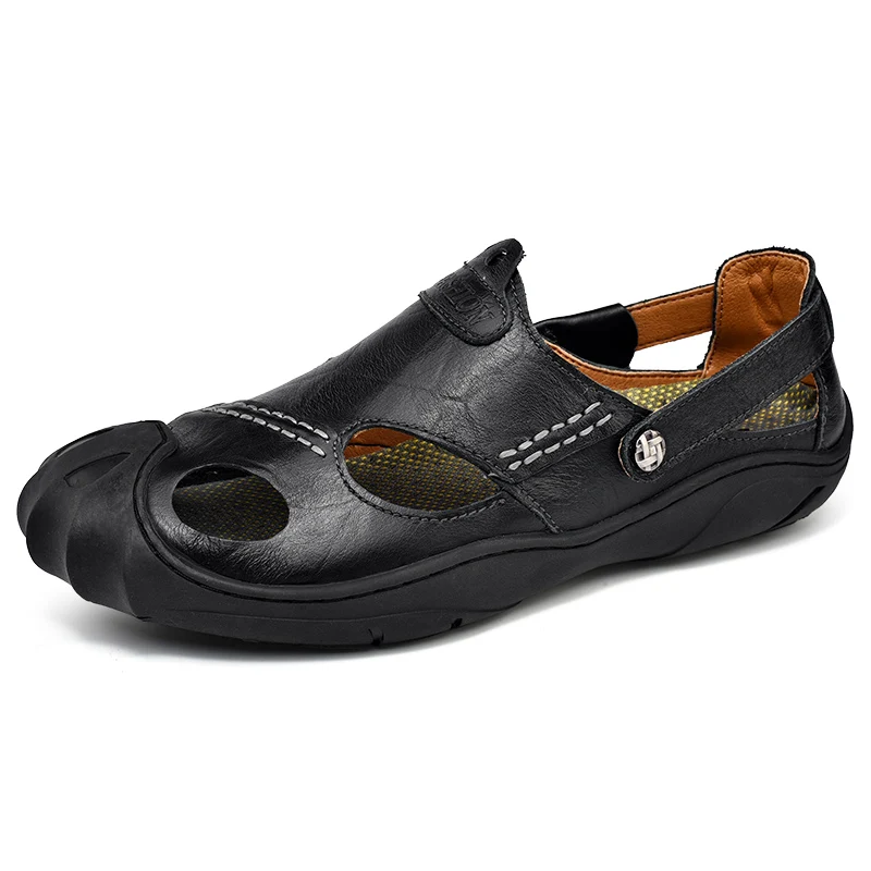 Из натуральной кожи Для мужчин сандалии Лето Корова кожаные туфли для Для мужчин Гладиатор на открытом воздухе пляжная обувь кожаные сандалии - Цвет: Black