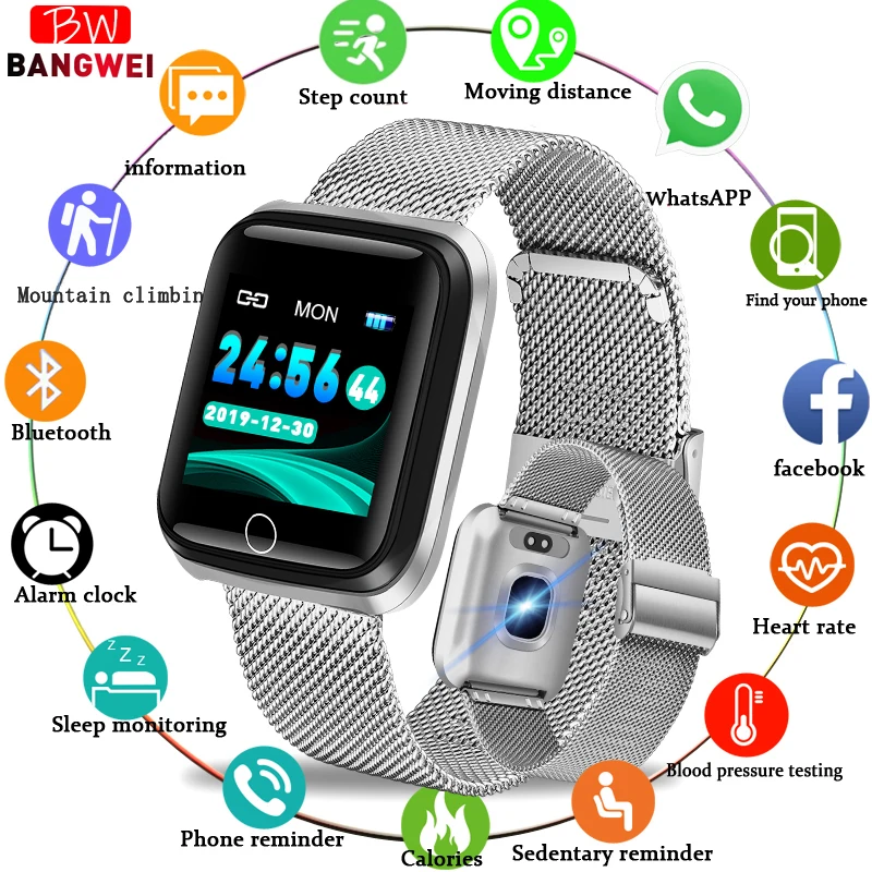 

BANGWEI 2019 New Smart Fitness Tracker Bracelet Heart Rate Blood Pressure Monitor Sport Smart Wristband Pedometer smartwatch+Box