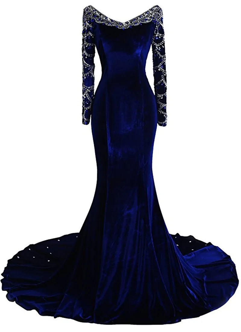 Abendkleider Lang 2019 Vestidos De Festa Longo роскошный темно-синий бархат с длинным рукавом Русалка Вечерние платья