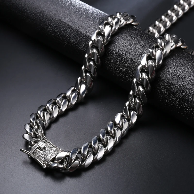 

Hip Hop 316L Stainless Steel Bling Iced Out Rhinestone Clasp Miami Necklace Mens Gold Silver Cuban Link Chain Necklaces Jewelry