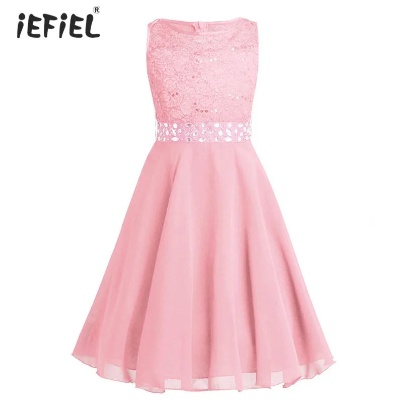 

IEFIEL Sequined Lace Chiffon Sleeveless Kids Dresses for Girls Princess Girls Dress Vestido Infantil Wedding Girl Party Dress