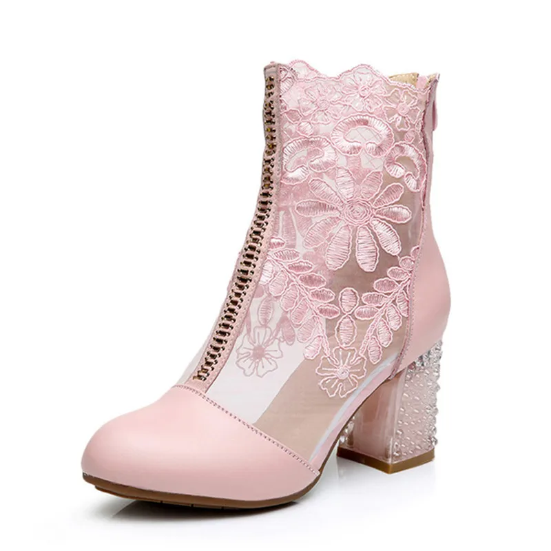 Beyarneженская обувь весенне-летние модные ботинки из натуральной коровьей кожи на шнуровке ботинки до середины икры на высоком каблуке с круглым носком Большие размеры ee262 - Цвет: Розовый