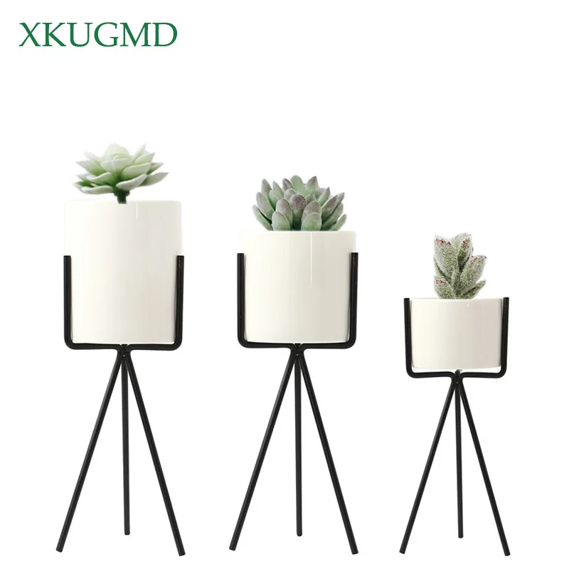 

1 Pcs White Grey Flower Planters Clay Pottery Succulent Plant Pot with Chicken Feet Design Iron Shelf Fairy Garden Flowerpot